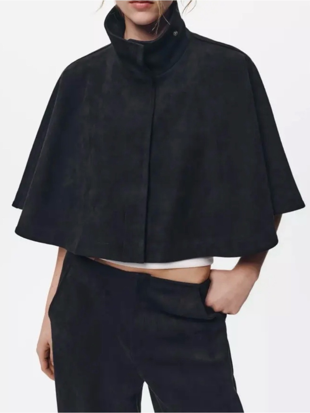 Zara Faux Suede Cape Jacket Cropped Black High Neck Capelet M-L